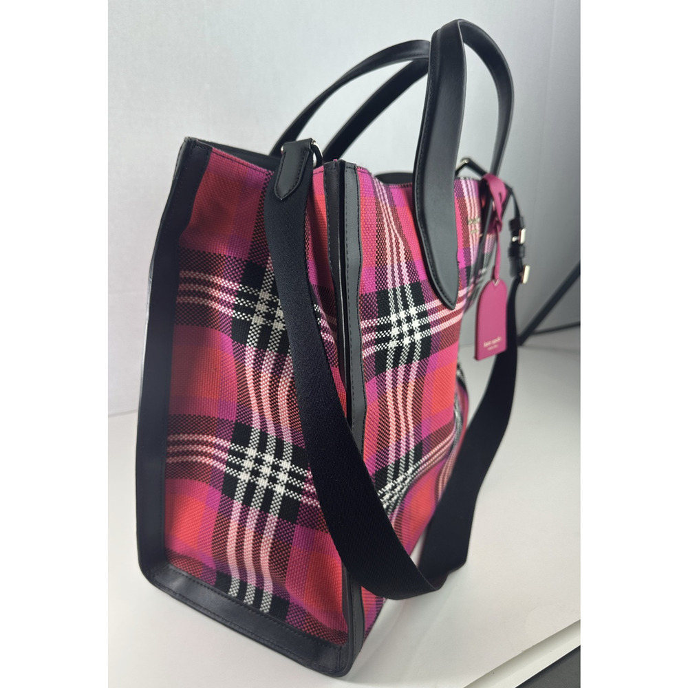 kate spade new york Manhattan Foliage Plaid Fabric Large Tote Bag Pink Multi EUC - Picture 3 of 14